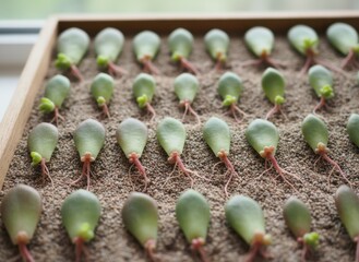 Rows Of Succulent Cuttings With Developing Roots Planted In Sand In A Wooden Tray With Soft Natural Light