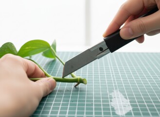 Close-up of Hands Cutting a Plant Stem with a Utility Knife on a Green Grid Cutting Mat with Soft Natural Light