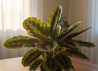 Calathea Rattlesnake Plant with Dark Green and Yellow Patterned Leaves bathed in Warm Sunlight near Curtains