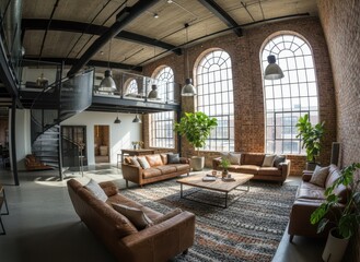 Spacious Industrial Loft Living Room With Leather Sofas And Large Arched Windows Flooded With Natural Light