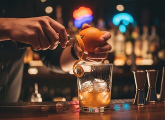 Bartender meticulously garnishes an Old Fashioned cocktail with a twist of fresh orange peel under dim bar lights creating an atmospheric drink preparation scene