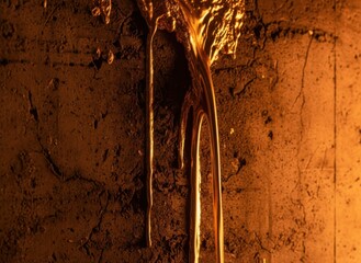 Molten Gold Pouring Down Textured Concrete Wall Illuminated by Warm Dramatic Lighting