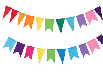 Obraz premium Vibrant multicolored triangular pennant banner flags isolated on transparent background