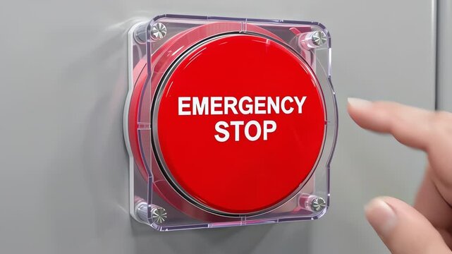 Finger pressing red round emergency stop button on gray panel for immediate industrial safety shutdown