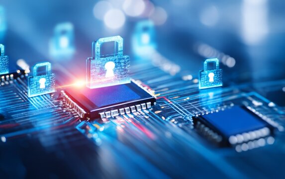 Abstract Visualization of Circuit Board Featuring Locks Symbolizing Security