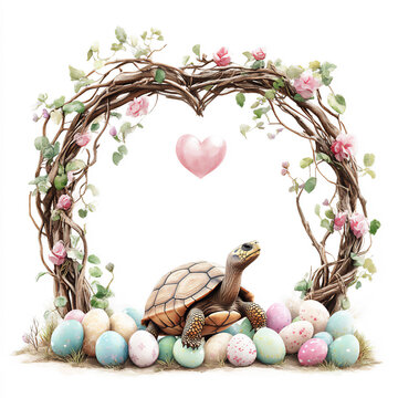 easter basket with eggs and flowers and turtle
