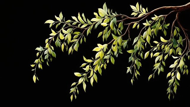 Branches bearing verdant leaves against a solid black backdrop, conveying a natural aesthetic