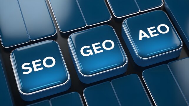 Close up of keyboard keys with seo geo aeo buttons for search engine optimization online marketing and digital strategy concepts