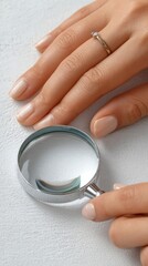 A hand grips a magnifying glass showcasing the tool for inspection and analysis against a plain white background