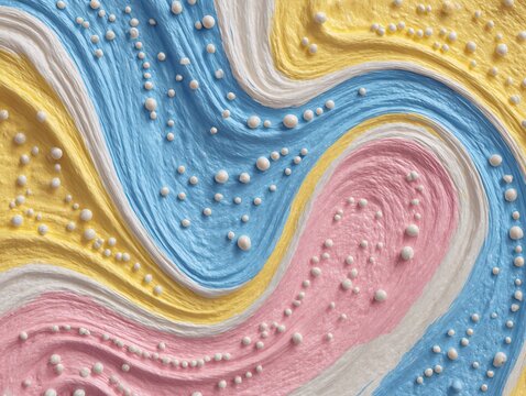 Fondo art&iacute;stico de pintura con texturas onduladas en colores pastel azul, rosa y amarillo con detalles de perlas blancas en relieve creativo.
