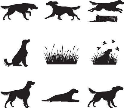 Bird hunting dog silhouettes in various poses including pointing running jumping over log sitting in tall grass and flushing birds
