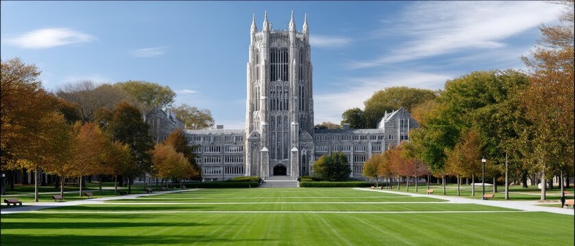 Historic building on campus stands tall with autumn trees and a clear blue sky in the background. Steps lead to the entrance