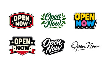 Obraz premium Variety of 'open now' logo designs featuring bold, colorful, and elegant styles