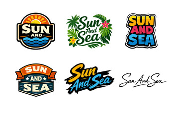 Naklejka premium Sun and sea themed logos: tropical floral and vibrant text designs