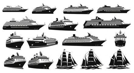 Collection of various cruise ships and sailing vessels in silhouette form for design. © Mila