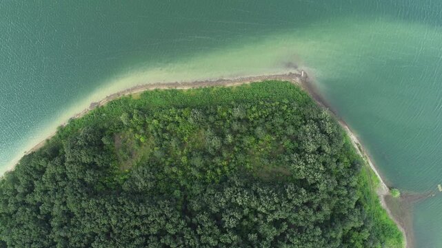 Aerial Top Down View Of Lake Forested Coastal  Sandy Shore nature of Bulgaria