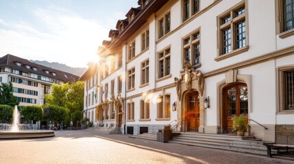 Obraz premium Historic Town Hall Building with Centered Composition and Warm Light