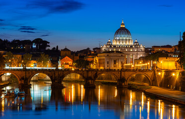 Fototapeta premium Sunset view of Basilica Saint Peter, bridge Sant Angelo and river Tiber in Rome. Italy. Architecture and landmark of Rome. Postcard of Rome