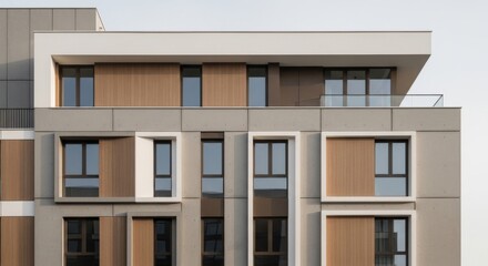 Fototapeta premium Modern architecture, building facade and residential design for urban living with apartment complex showcasing contemporary style and sleek exterior details. Construction, development and real estate