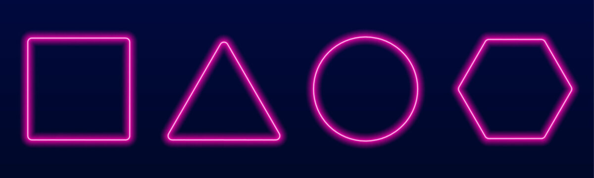 Abstract glowing geometric set including circle, square, triangle, and hexagon frames with radiant gradient edges and soft illumination, ideal for modern digital banners. vector