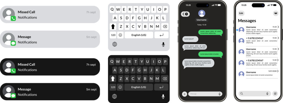 Mobile user interface set for messaging and notifications, chat bubbles and keyboard layouts in multiple themes, smartphone communication interface design elements