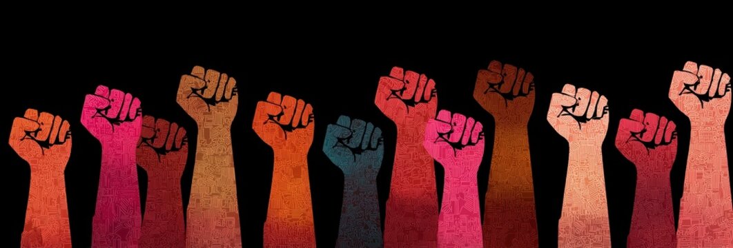 Diverse Uplifted Fists in Multicolored Patterns on Black Background