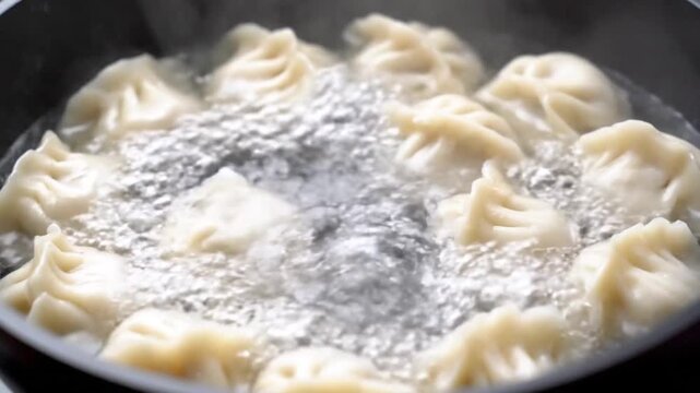 Dough Wrapping Demonstrating Fresh Dumplings in Hot Pan