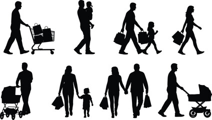 Family shopping silhouettes set, parents with children pushing cart carrying bags and stroller isolated on white background © Fayjun