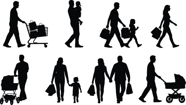 Family shopping silhouettes set, parents with children pushing cart carrying bags and stroller isolated on white background
