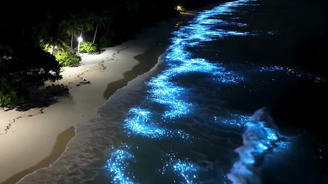 Slow motion shot of a Blue bioluminescent waves glowing on tropical beach at night. Nature Wonders, Travel Destinations. neon light contrasts with the white sand beach and dark silhouettes of palm tre