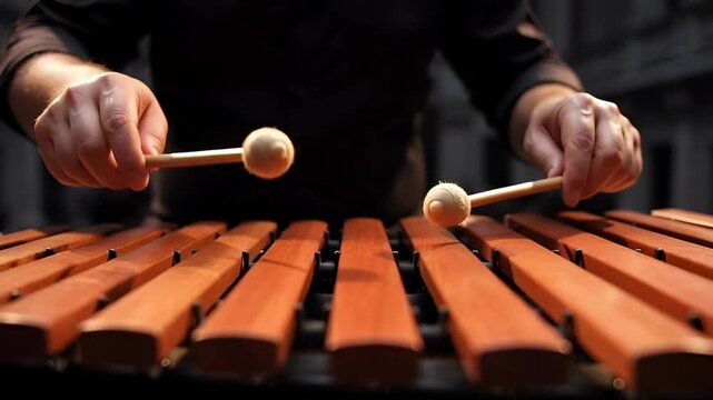 Detailed and realistic close-up capturing a musician's hands skillfully playing a percussion instrument with mallets, highlighting the dynamic rhythm and sound production