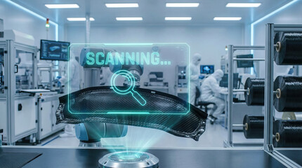 Fototapeta premium Robotic arm scanning carbon fiber manufacturing factory technology automation industrial futuristic cleanroom advanced production innovation machine engineering digital hologram composite material