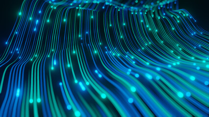 Abstract technology wave of particles. Big data visualization. Dark background with motion green lines 3d rendering