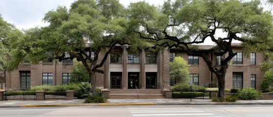 Fototapeta premium Front view of a university building with trees and a lawn visible from the street. A fountain is located in the center of the scene