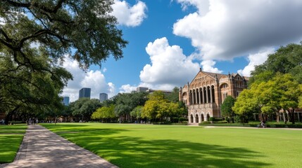 Obraz premium Front view of a university building with trees and a lawn visible from the street. A fountain is located in the center of the scene