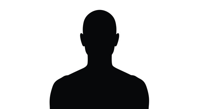 A stark black silhouette of a human head and shoulders against a bright white background conveying anonymity and simplicity