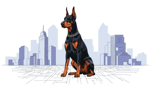 Doberman pinscher dog sitting majestically on a digital circuit ground with a modern blue city skyline in the background.