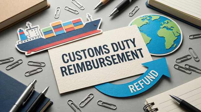 Customs duty reimbursement refund concept with paper ship, globe, arrow, pens, notebooks, and paper clips on gray background