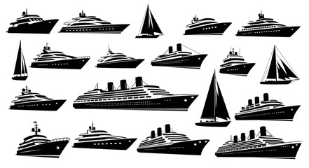 Collection of various ships and boats silhouettes, perfect for maritime themes and designs. © Mila