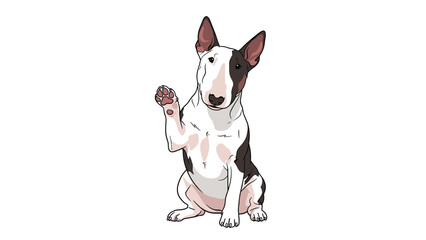 Fototapeta premium Bull terrier dog sitting and waving its paw with a friendly expression in a simple black and white vector style.