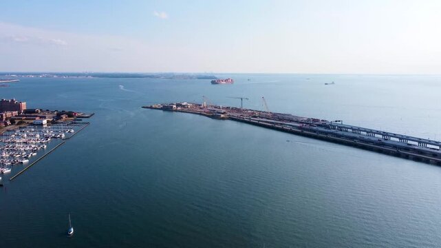 Hampton Roads Bridge Tunnels, Hampton Roads, Virginia, aerial view of the bridge-tunnel expansion project and heavy traffic crossing the Chesapeake Bay.