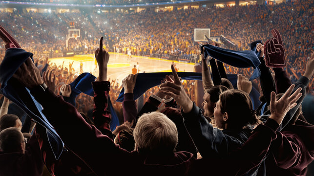 Supporters celebrating during basketball game in full arena under bright lights and giant scoreboard. Concept of team spirit, mass audience engagement and live sports entertainment industry visuals.