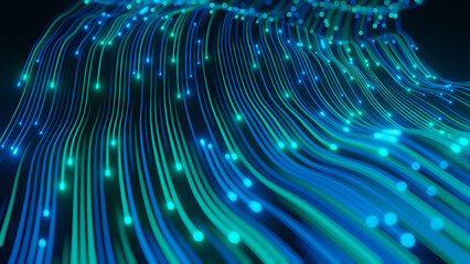 Abstract technology wave of particles. Big data visualization. Dark background with motion green lines 3d rendering