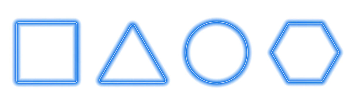 Abstract glowing set including circle, square, triangle, and hexagon frames with radiant gradient edges and soft illumination, ideal for modern digital banners. vector