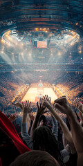 Fototapeta premium Crowd cheering inside large indoor basketball stadium with illuminated scoreboard. Concept of mass audience engagement, sports marketing visuals and arena event promotion.