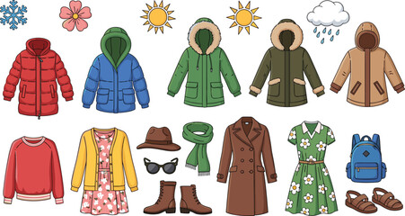 Seasonal fashion and weather apparel vector set featuring puffer jackets, parkas with fur hoods, trench coats, floral dresses, cardigans, winter boots, sandals, and weather icons. © MDFiroj