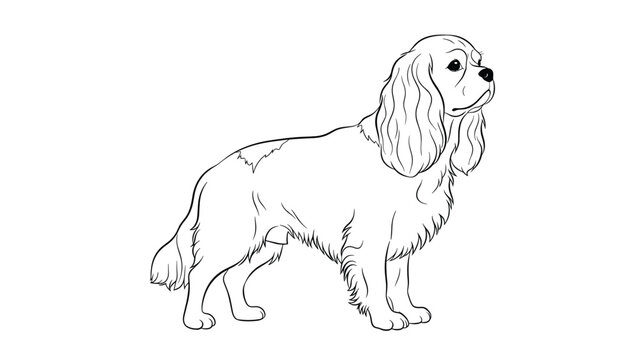 Detailed line art illustration of a Cavalier King Charles Spaniel dog standing in profile showing its long wavy coat and ears.