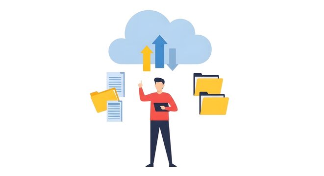 Young Man Standing Under Cloud with Arrows Involving Files
