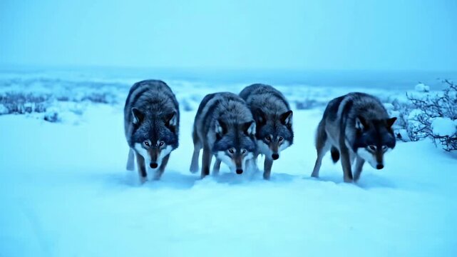 Cinematic front view of a majestic wild wolf pack walking together through a snowy tundra landscape during winter