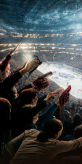Fototapeta premium Ice hockey fans cheering in packed arena with raised hands and foam fingers above the rink. Concept of winter sports championship, mass audience engagement and live arena entertainment industry.